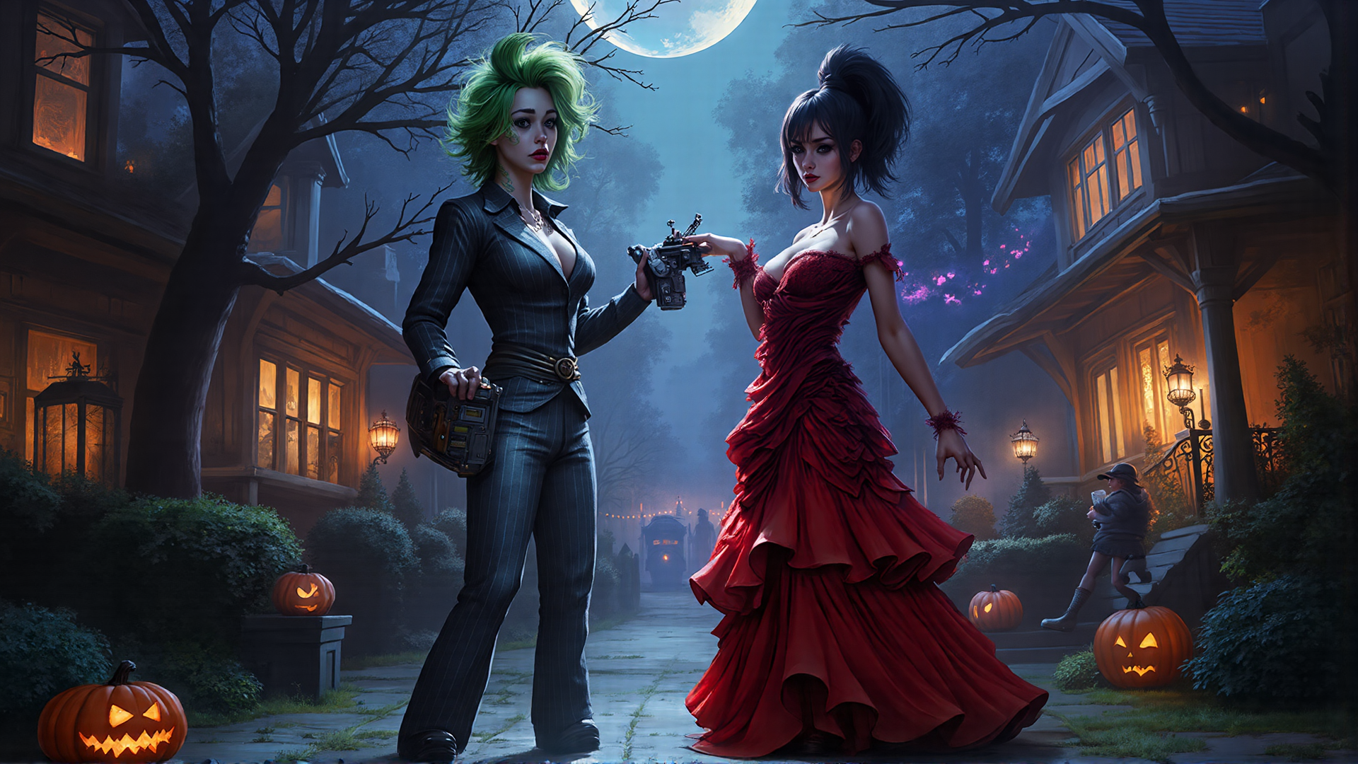 AI generated wallpaper featuring women, pumpkins, houses, trees, camera, lamps, moon, street, dress, suit