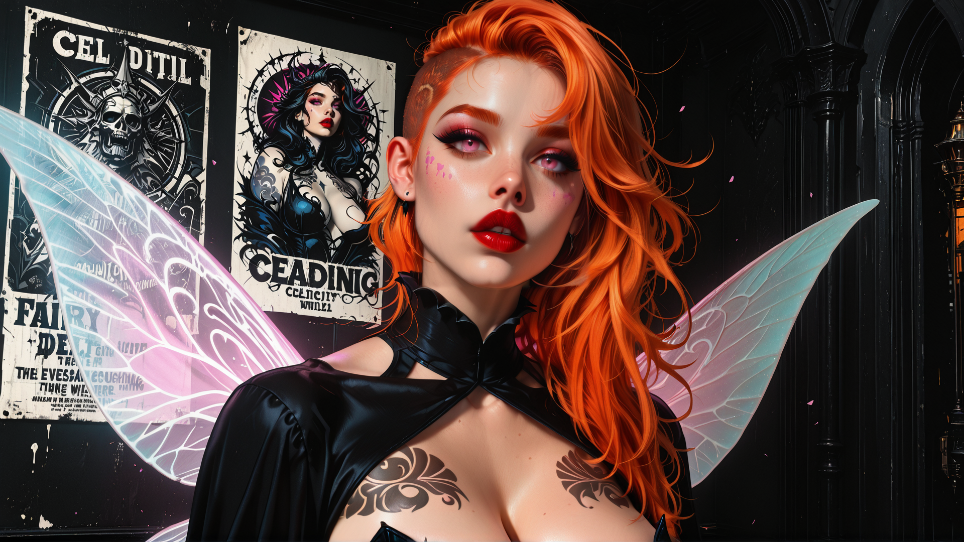 AI generated wallpaper featuring woman, fairy, wings, tattoo, posters, red hair