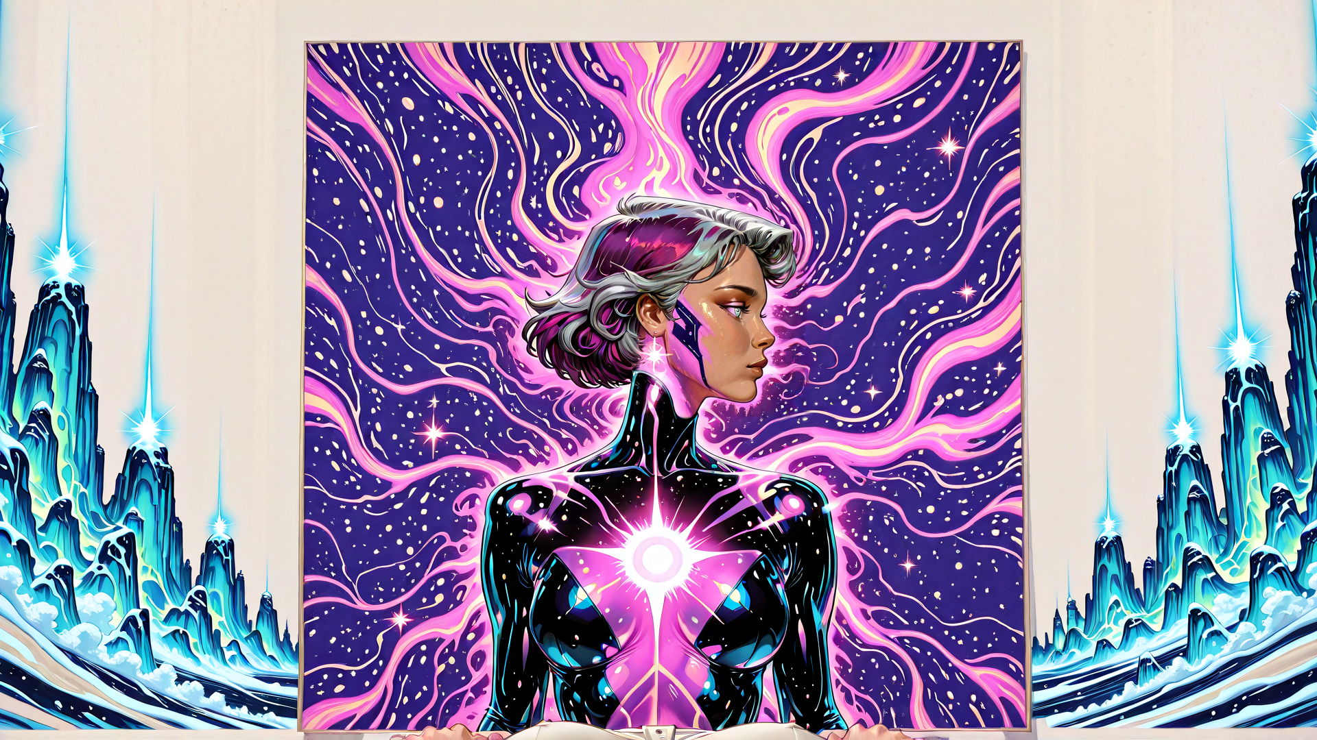 AI generated wallpaper featuring woman, galaxy, astronaut, crystals, neon, stars
