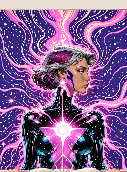 woman, galaxy, astronaut, crystals, neon, stars