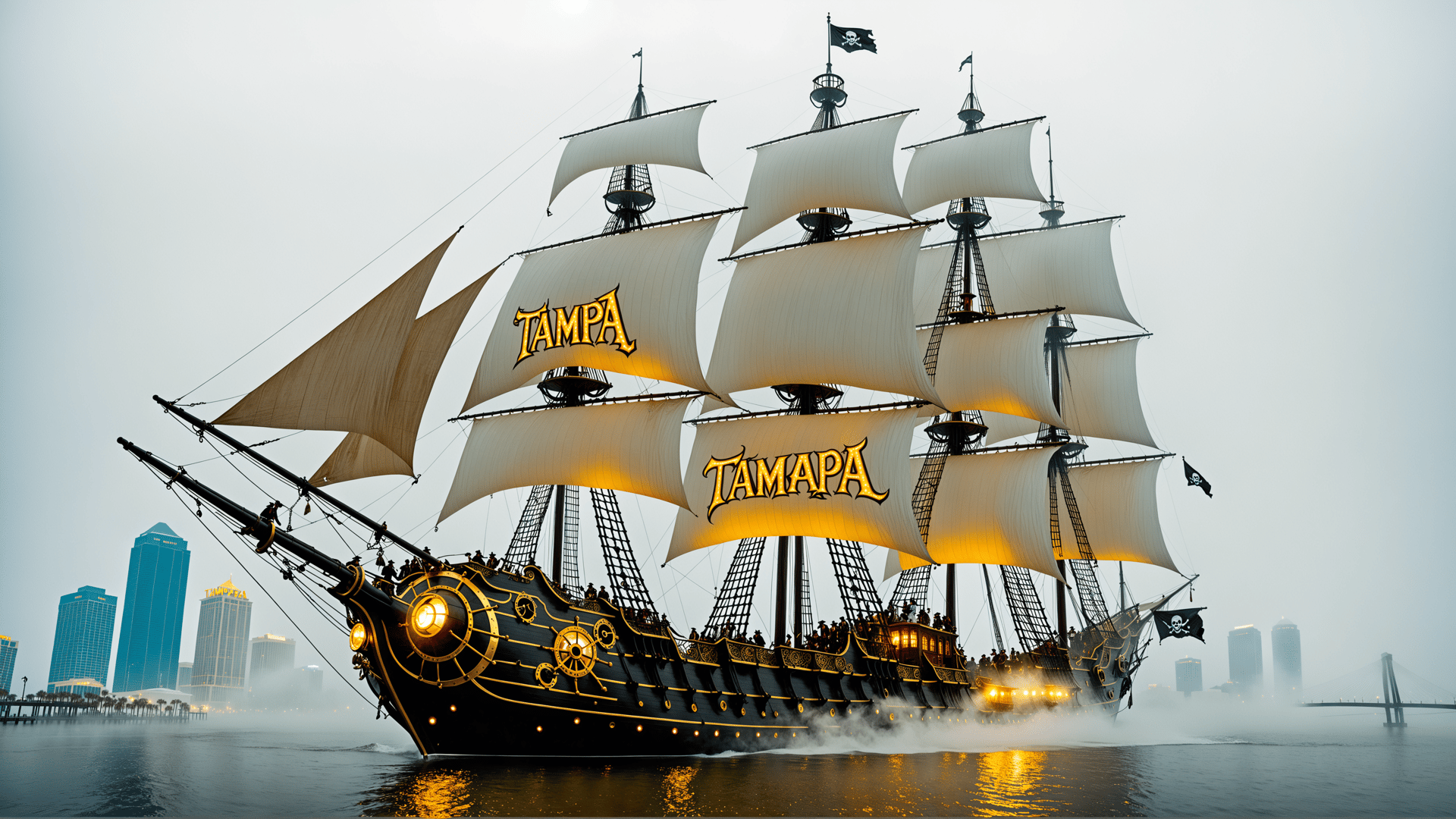 AI generated wallpaper featuring ship, sail, pirate, city, water, flag, building, light, sailboat, Tampa