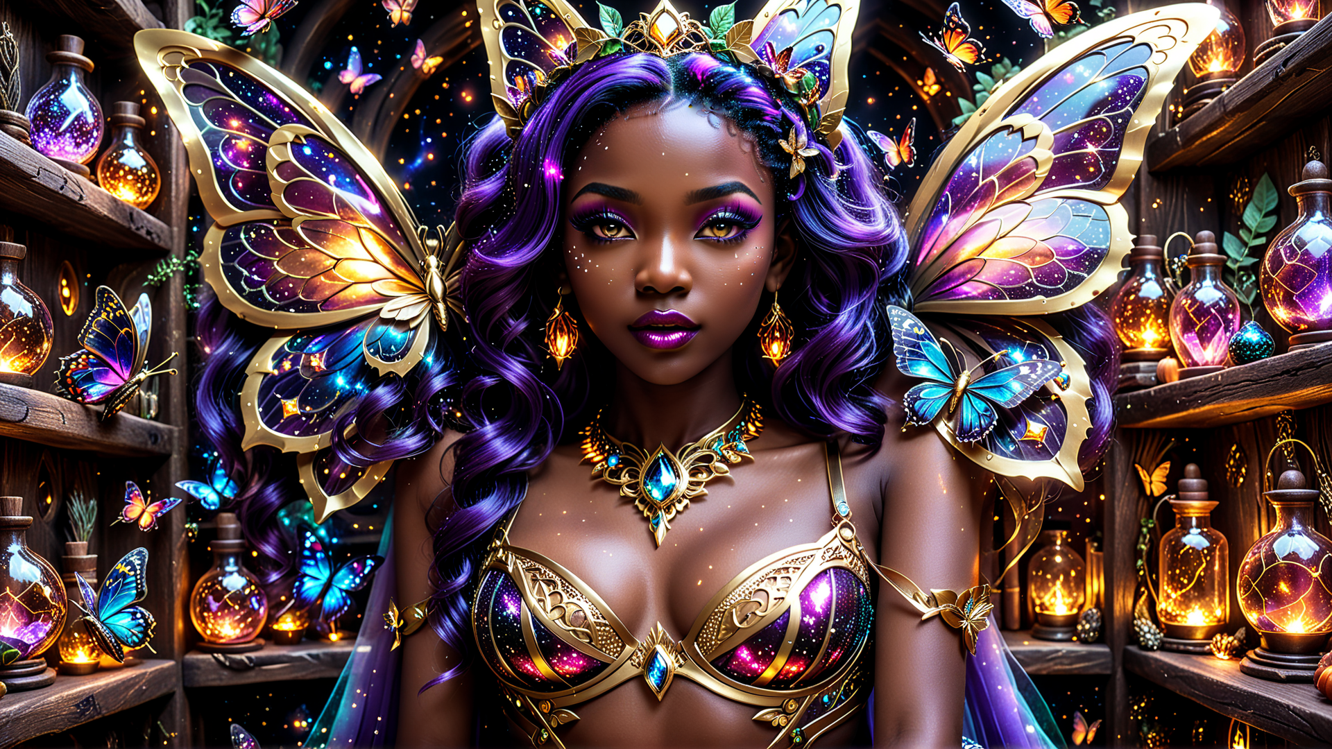 AI generated wallpaper featuring fairy, butterfly, woman, shelves, bottles, lamps, jewelry, hair, butterflies, crowd