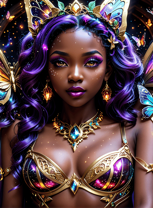 fairy, butterfly, woman, shelves, bottles, lamps, jewelry, hair, butterflies, crowd