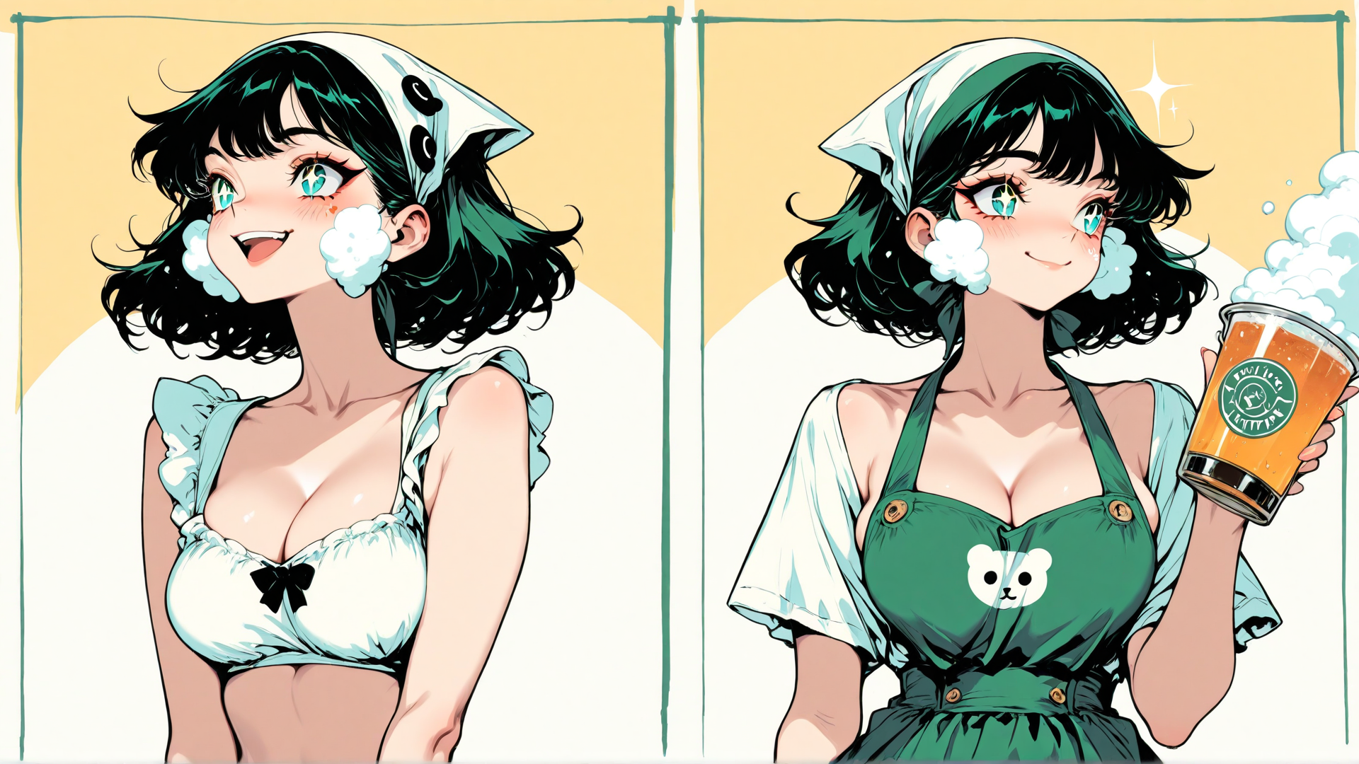 AI generated wallpaper featuring woman, maid, cappuccino, apron, butterfly, glasses, headscarf, bubbles, tea