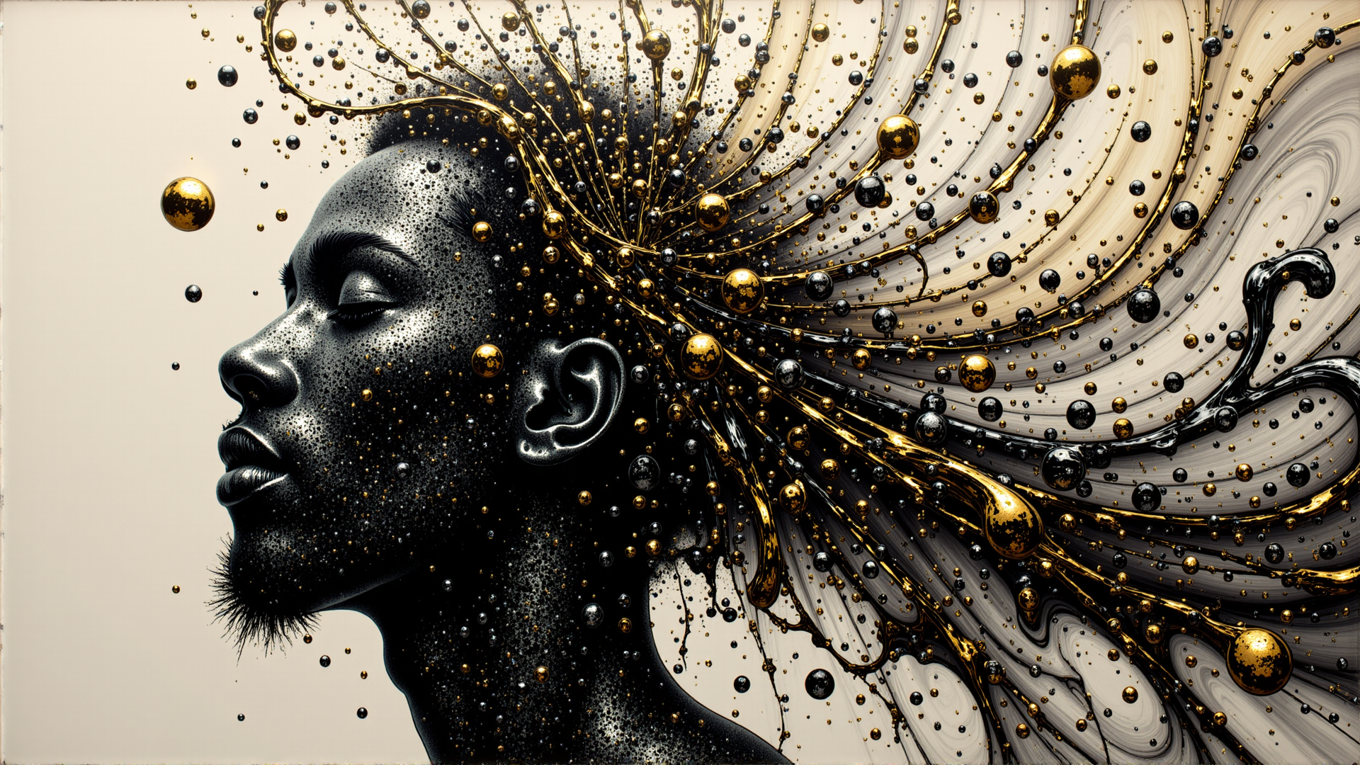 AI generated wallpaper featuring woman, spheres, particles, hair, silhouette, ornaments