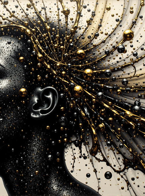 woman, spheres, particles, hair, silhouette, ornaments