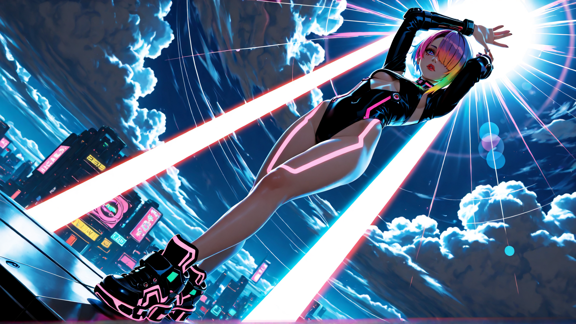 AI generated wallpaper featuring cyberpunk, woman, neon, cityscape, fashion, light, outfit, sneakers, hair, cloud