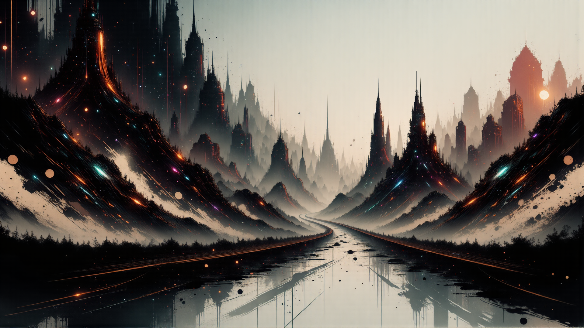 AI generated wallpaper featuring city, mountain, road, water, spire, skyline, structure, reflection, light, particle