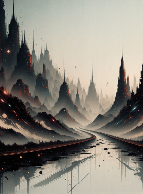city, mountain, road, water, spire, skyline, structure, reflection, light, particle