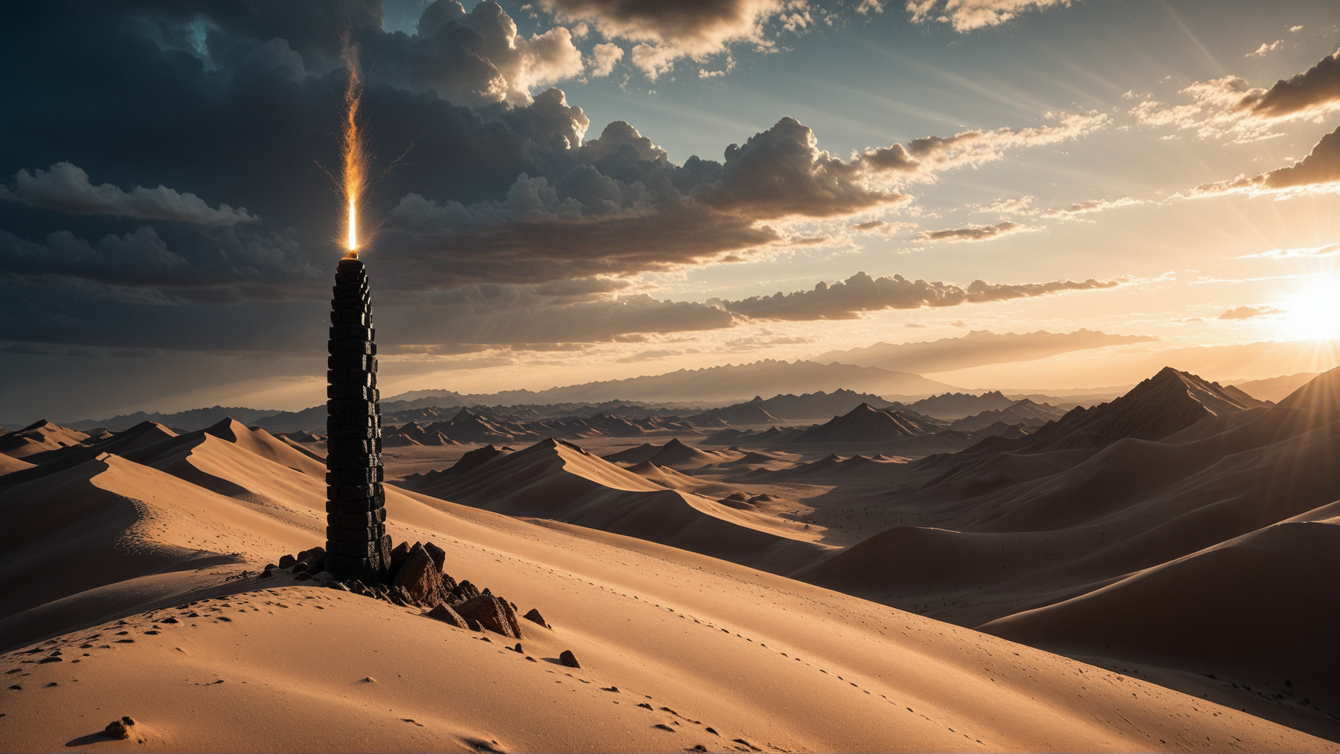 AI generated wallpaper featuring monument, desert, sand dunes, sunrise, mountains, clouds, stone pillar, sunset, dunes, footprints