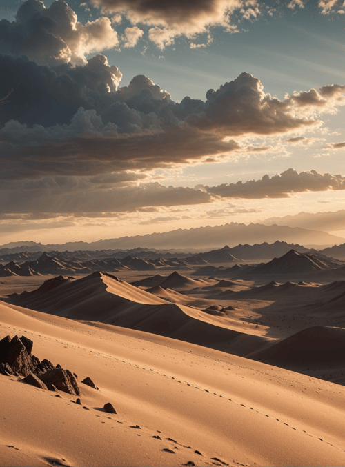 monument, desert, sand dunes, sunrise, mountains, clouds, stone pillar, sunset, dunes, footprints