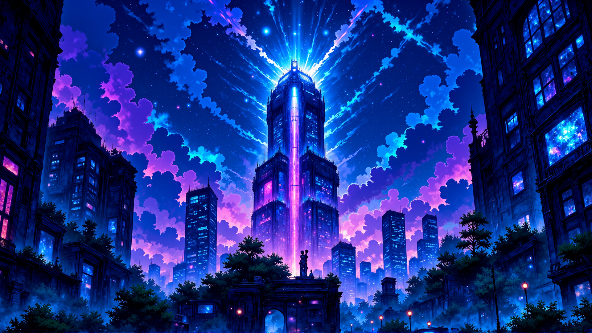 AI generated wallpaper featuring city, skyscraper, statue, trees, buildings, night sky, clouds, stars, lanterns, window