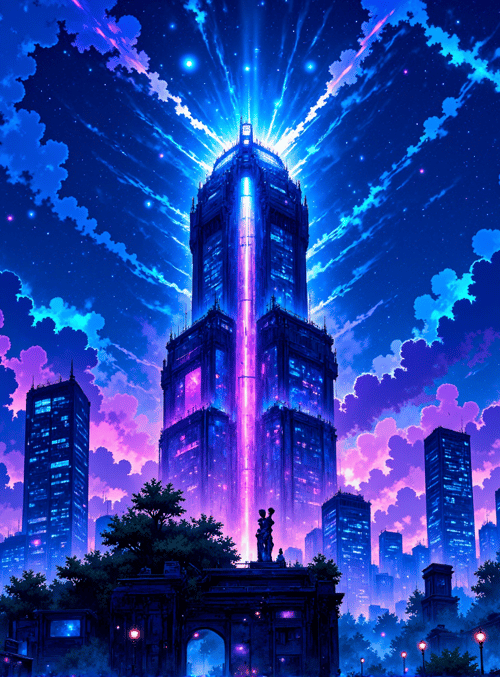 city, skyscraper, statue, trees, buildings, night sky, clouds, stars, lanterns, window