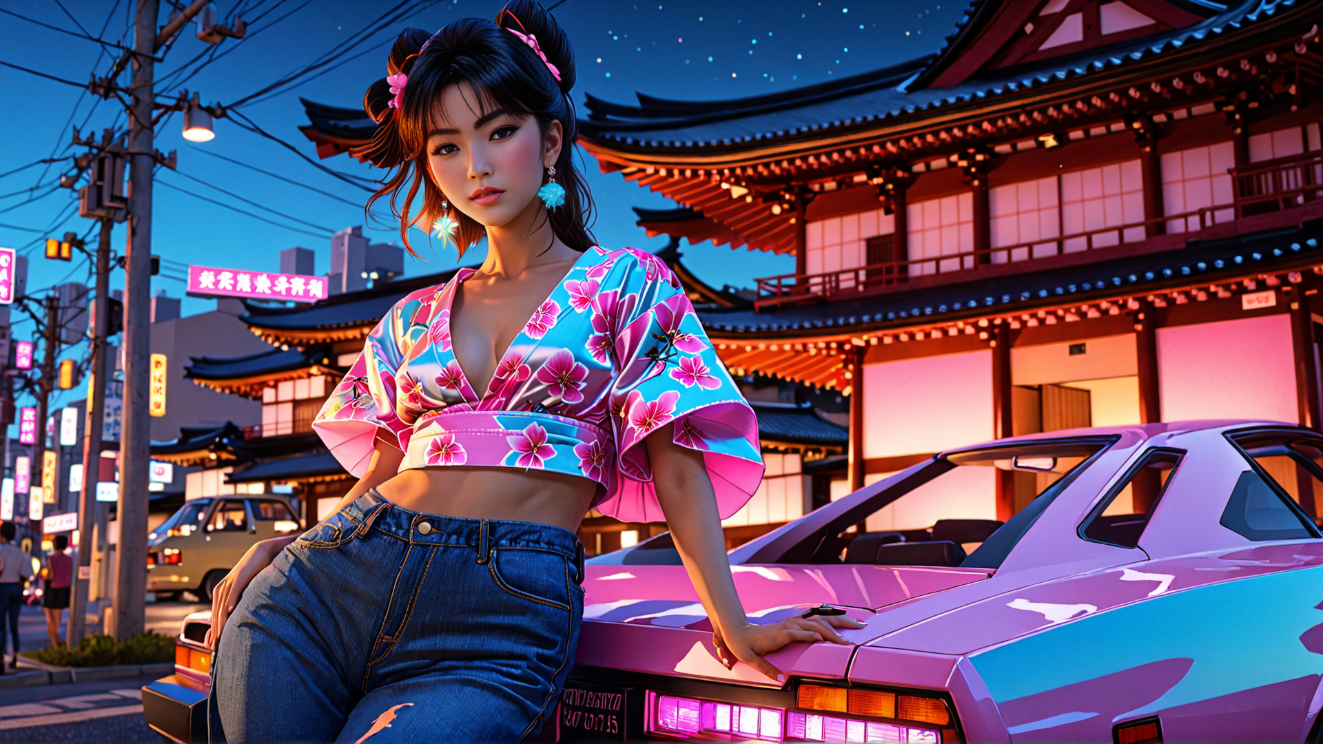 AI generated wallpaper featuring woman, car, building