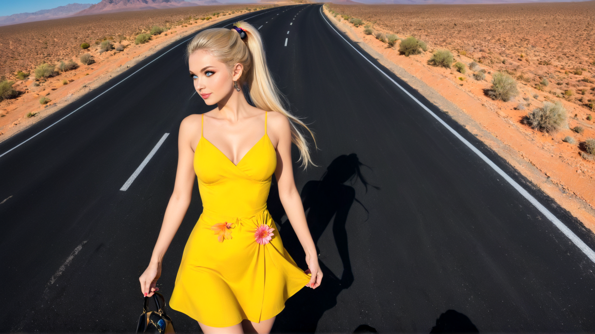 AI generated wallpaper featuring woman, road, desert