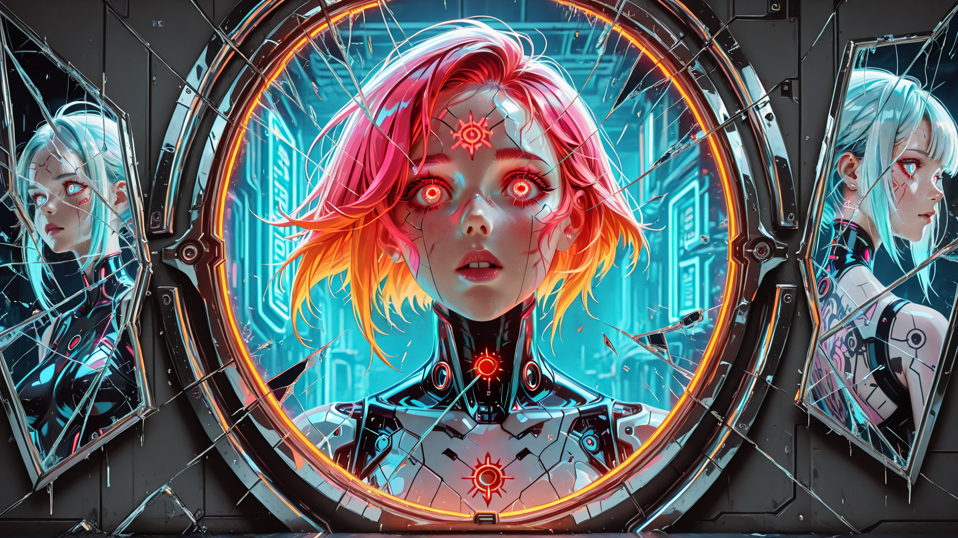 AI generated wallpaper featuring cyborg, female, mirror, neon, gears, glowing, head, solar, robot, futuristic