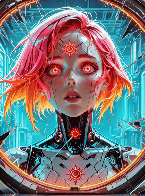 cyborg, female, mirror, neon, gears, glowing, head, solar, robot, futuristic