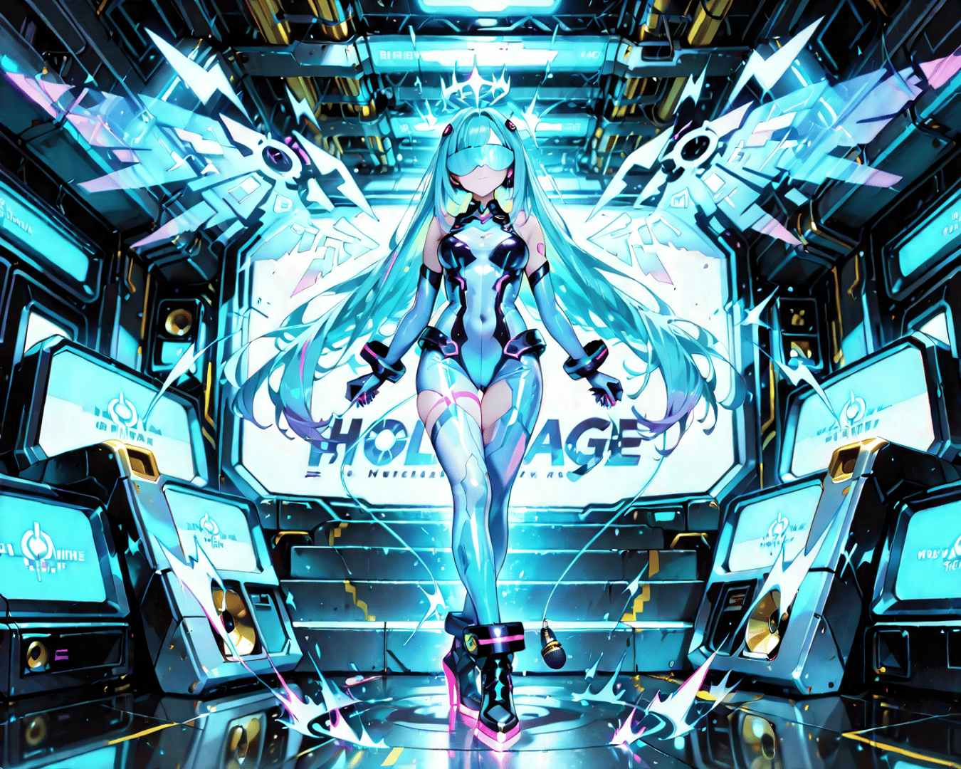 AI generated wallpaper featuring cyberpunk girl, virtual idol, robotic figure