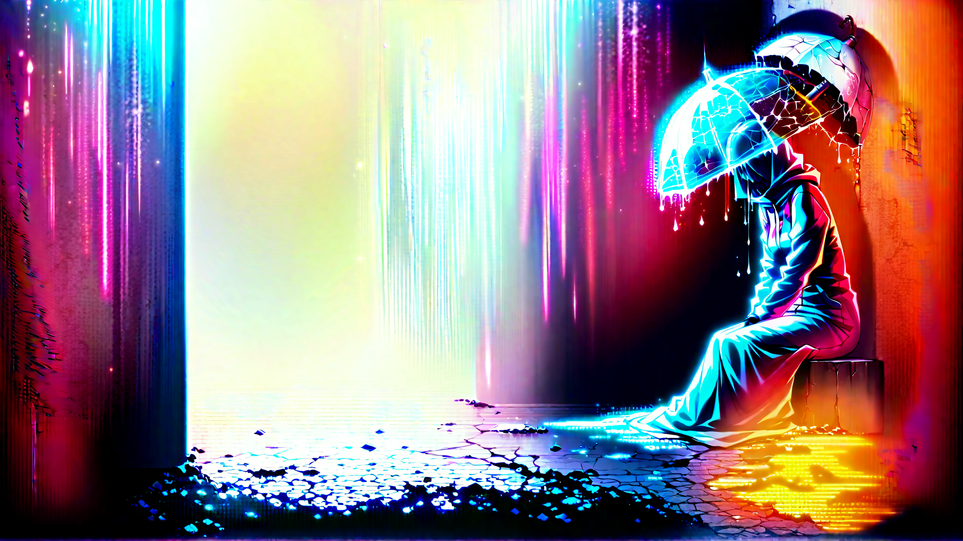 AI generated wallpaper featuring figure, umbrella, cityscape