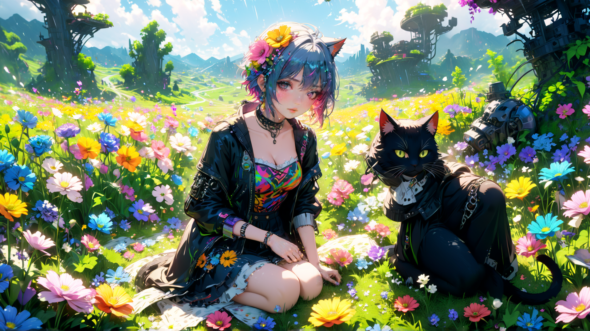 AI generated wallpaper featuring girl, cat, flowers