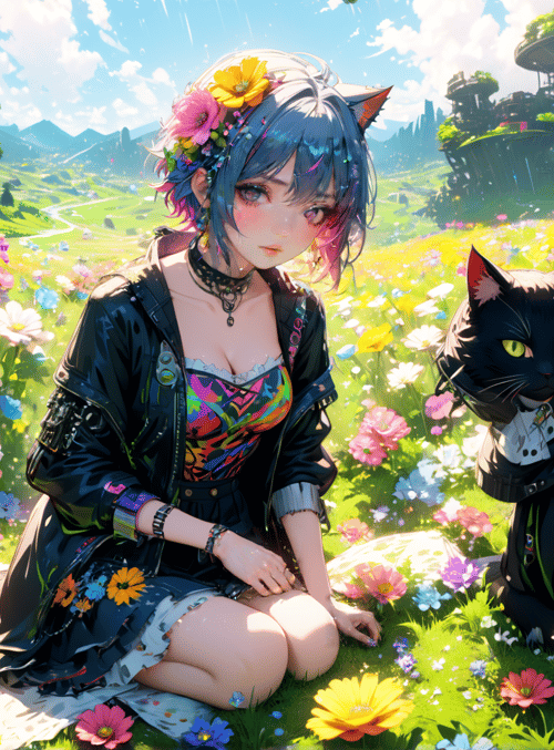 girl, cat, flowers