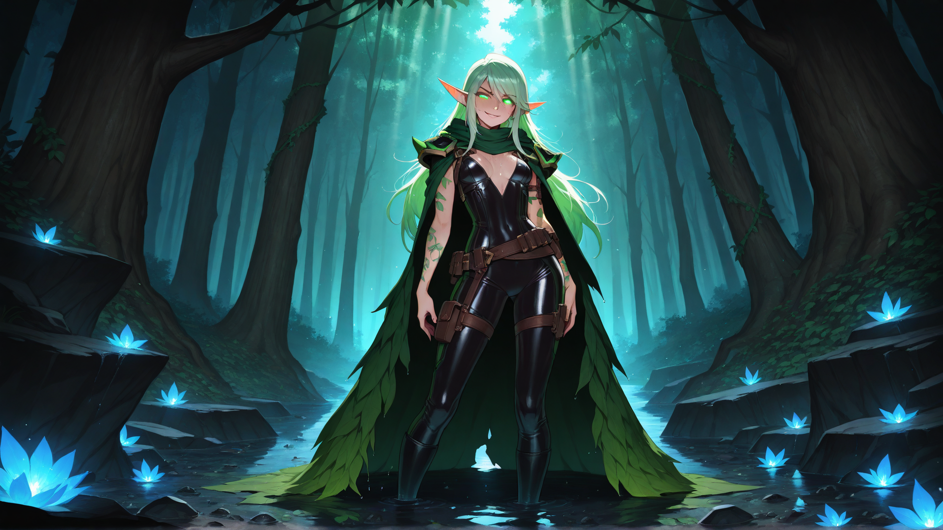 AI generated wallpaper featuring elf, forest, luminescent