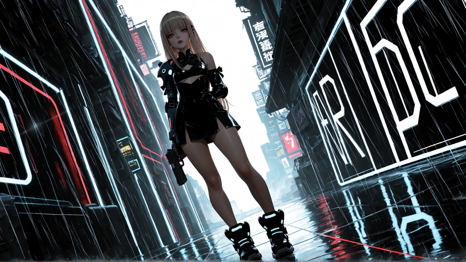 AI generated wallpaper featuring cyborg, girl, gun, neon, city, rain, sign, goggles, boot, dress
