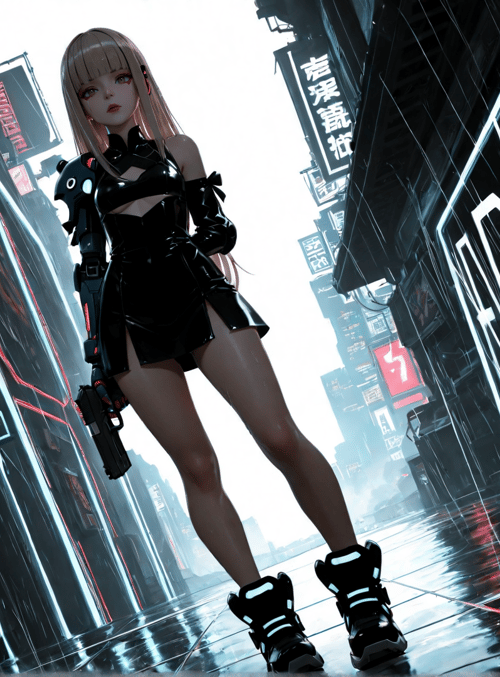 cyborg, girl, gun, neon, city, rain, sign, goggles, boot, dress