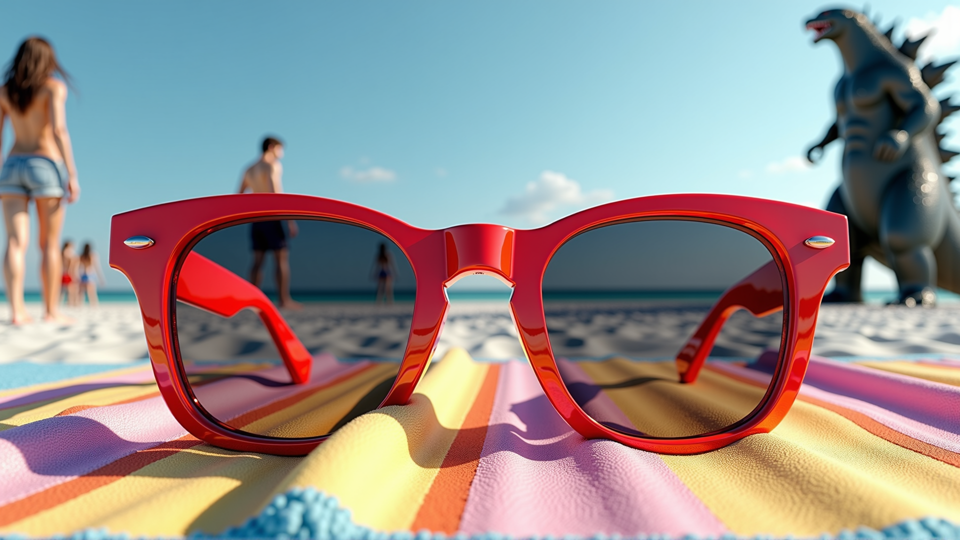 AI generated wallpaper featuring glasses, beach, godzilla