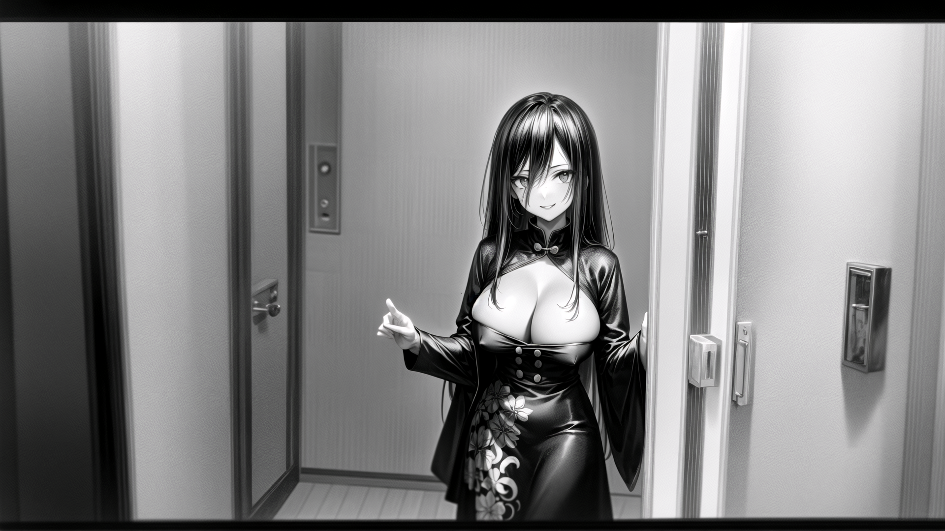 AI generated wallpaper featuring anime girl, corset dress, doorway
