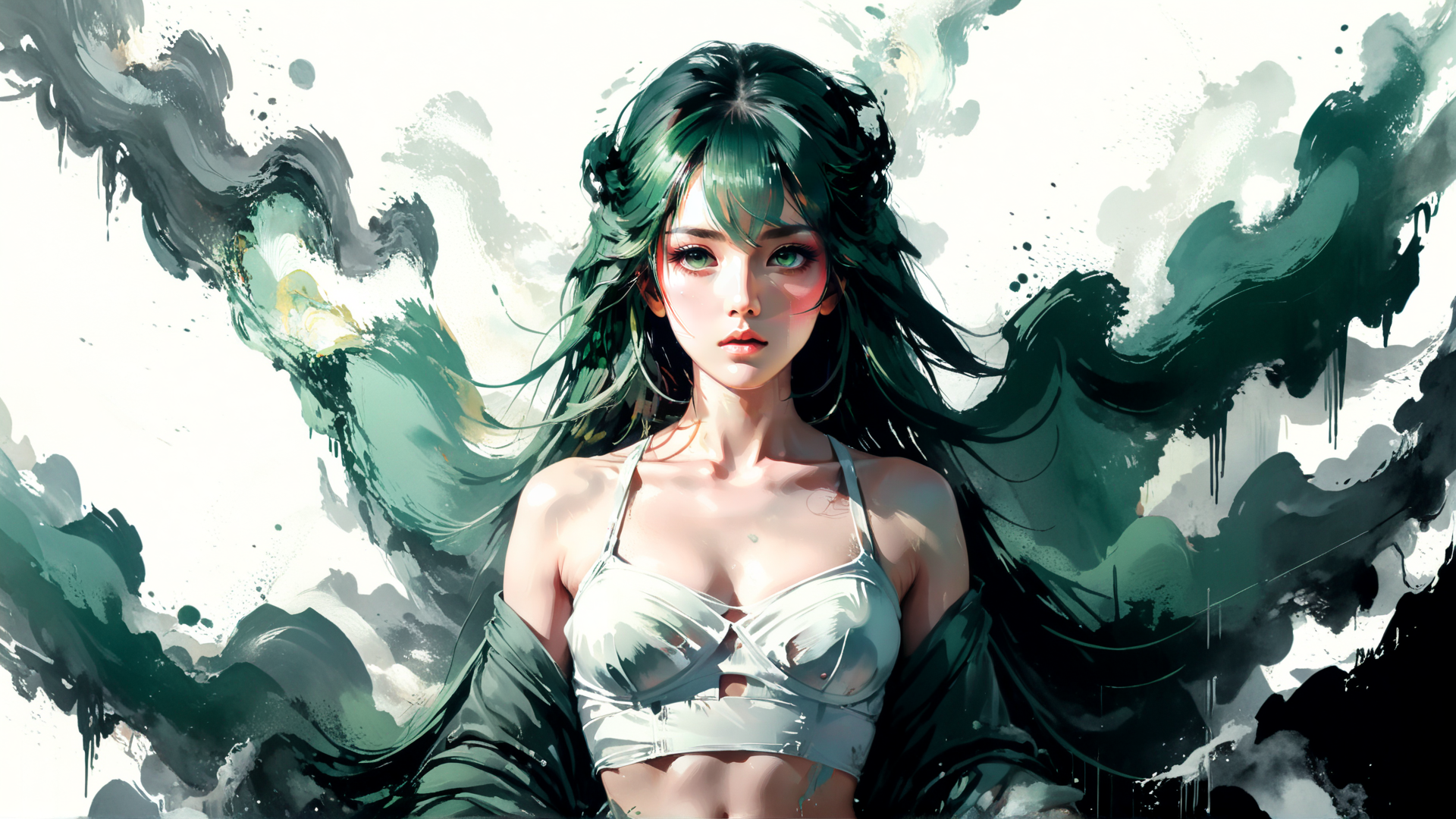 AI generated wallpaper featuring woman, green hair, white top, ink, watercolor