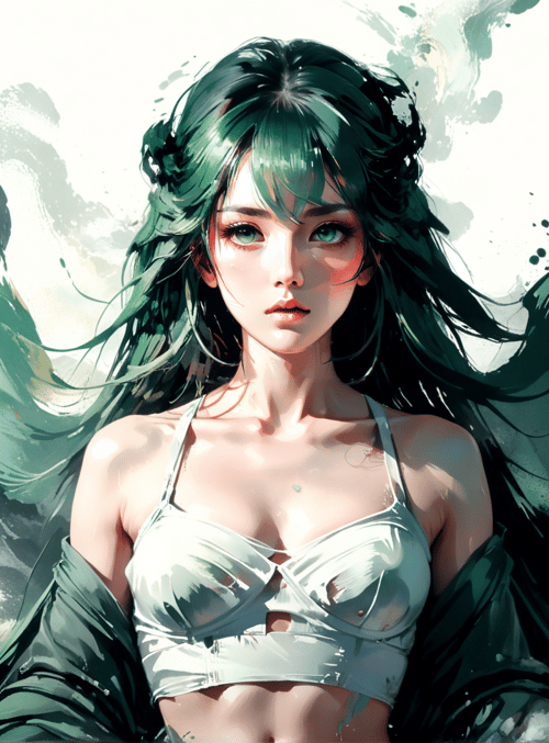 woman, green hair, white top, ink, watercolor