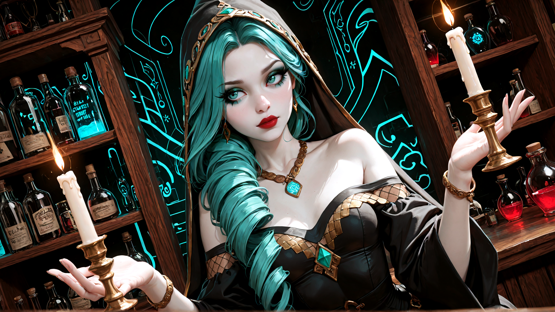 AI generated wallpaper featuring witch, candle, bottle, robe, necklace, candlestick, book, hair, dress, harp