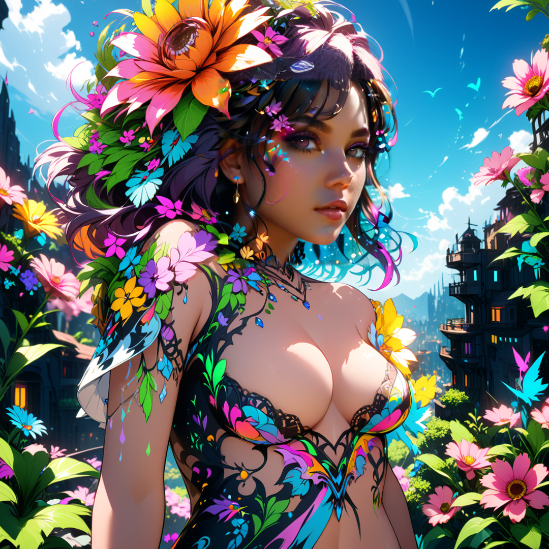 AI generated wallpaper featuring woman, flowers, city