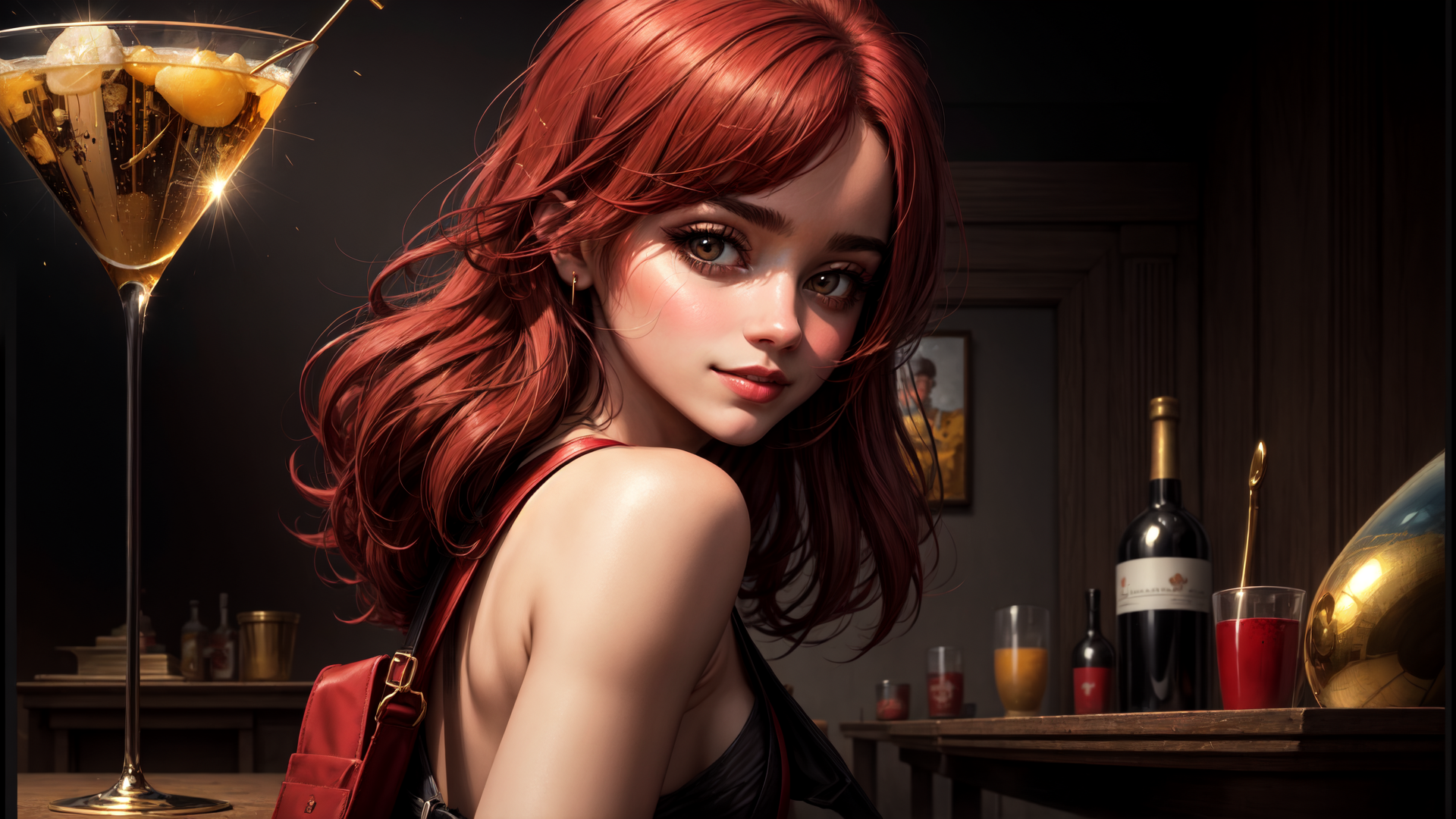 AI generated wallpaper featuring woman, cocktail, wine bottle, bag, globe