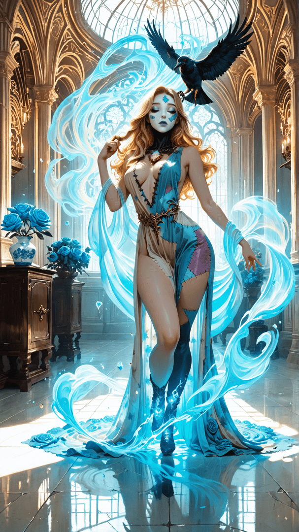 AI generated wallpaper featuring woman, raven, roses, gown, arches, light, diamonds, blue, silk, butterfly