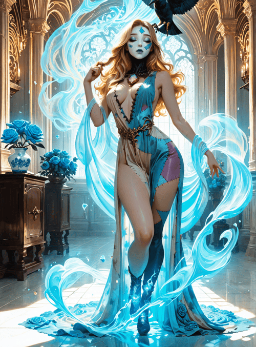 woman, raven, roses, gown, arches, light, diamonds, blue, silk, butterfly