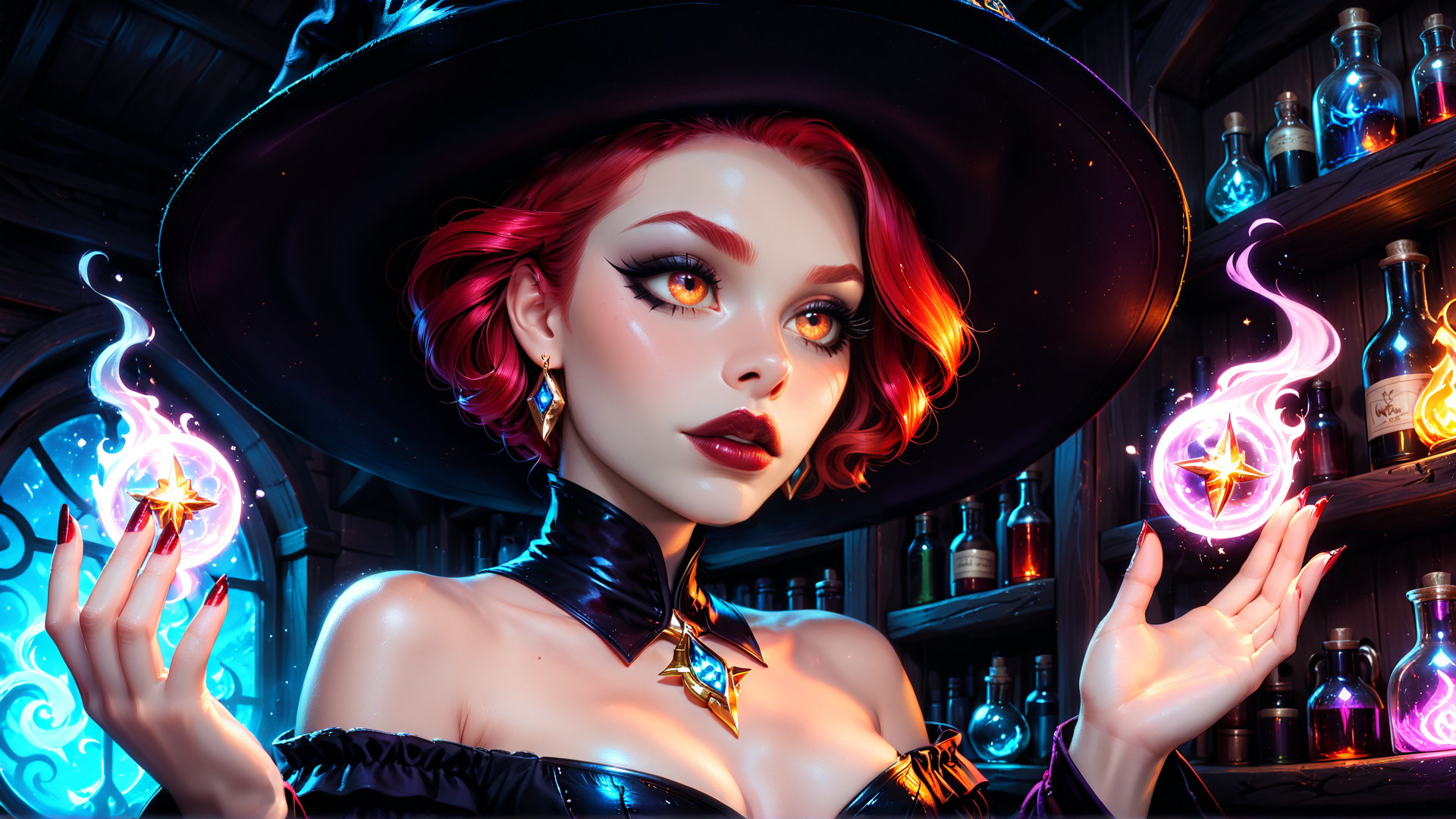 AI generated wallpaper featuring witch, wizard, star, bottle, hat