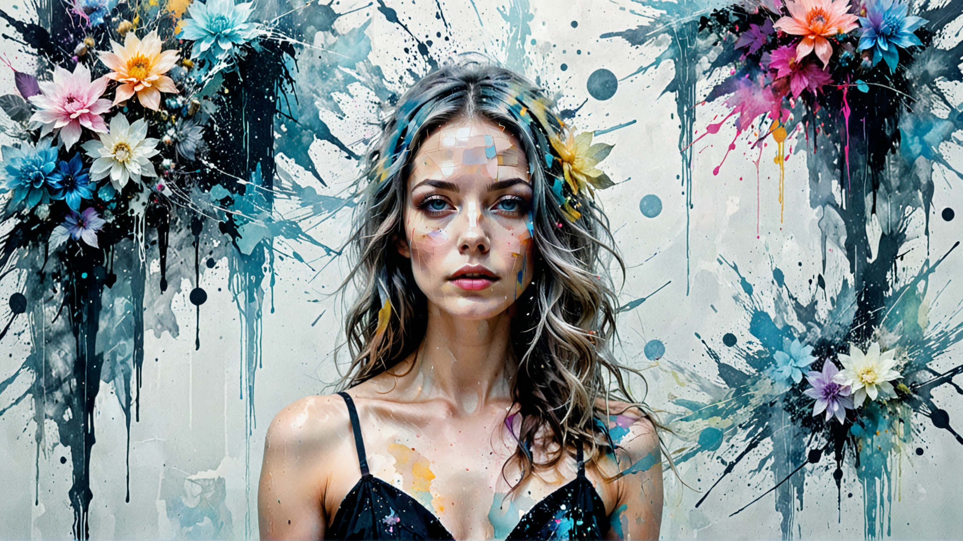 AI generated wallpaper featuring woman, flowers, paint, splatter, watercolor, art