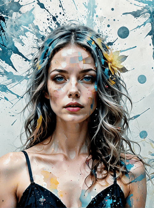 woman, flowers, paint, splatter, watercolor, art