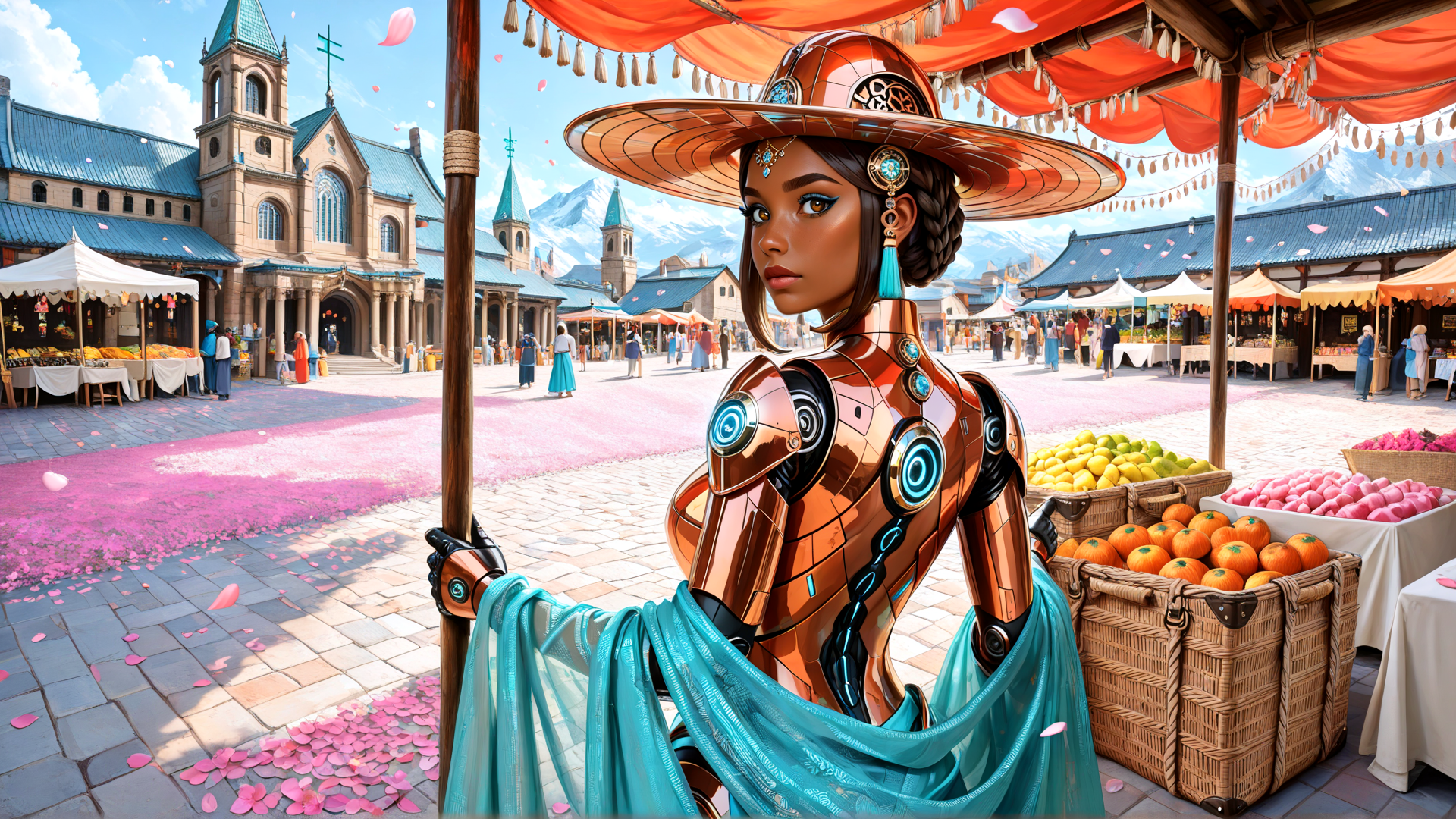 AI generated wallpaper featuring robot, market, marketplace, woman, fruit, canopy, church, building, market stall, baskets