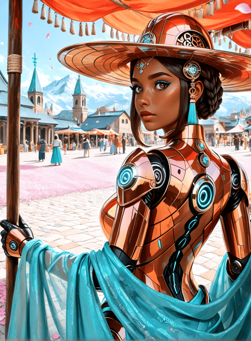 robot, market, marketplace, woman, fruit, canopy, church, building, market stall, baskets