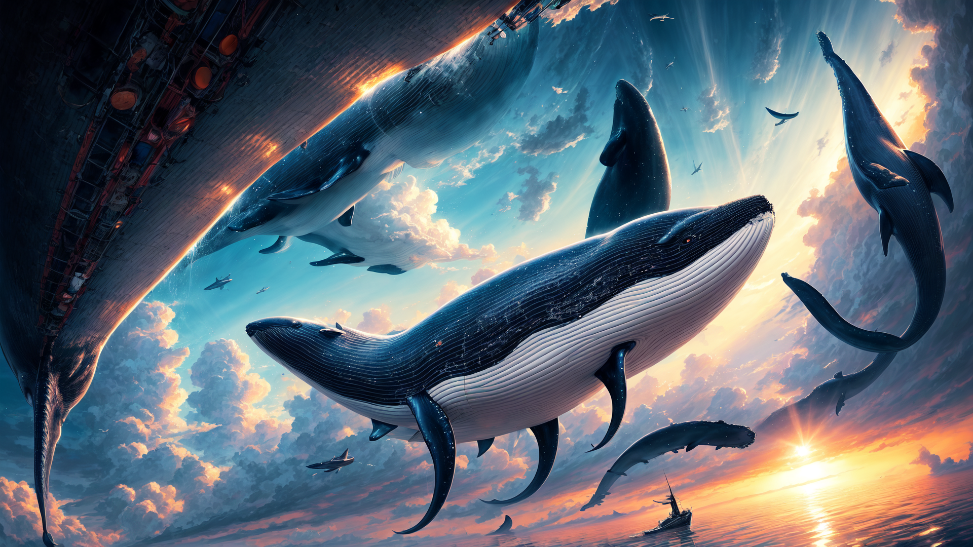 AI generated wallpaper featuring whale, airship, dolphin