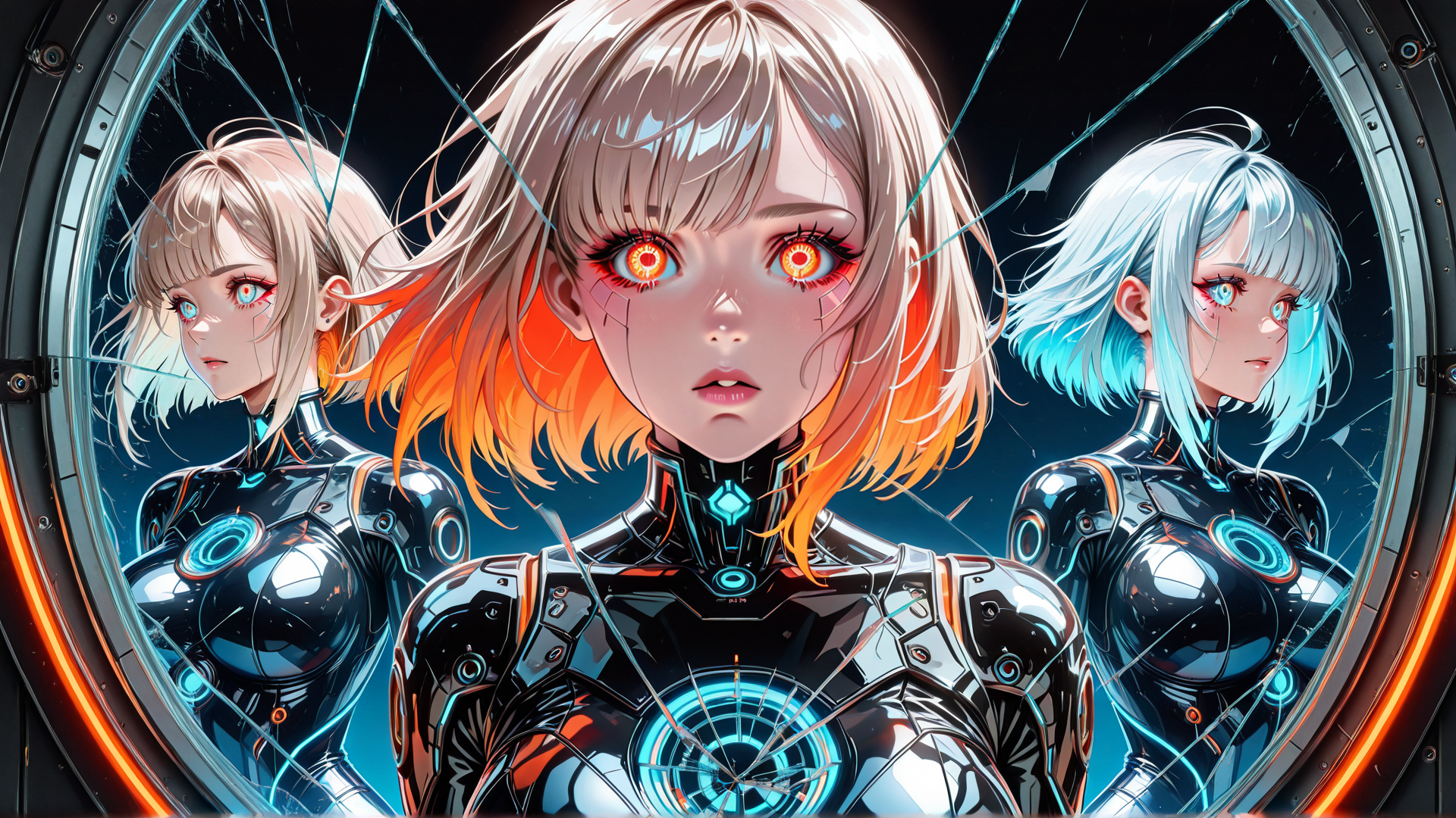 AI generated wallpaper featuring cyborg, girl, reflections, neon, futuristic, mirror, glowing, robot, anime, sci-fi