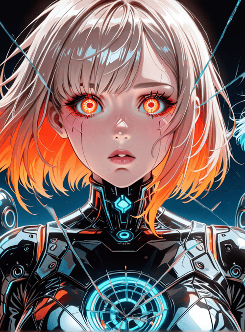 cyborg, girl, reflections, neon, futuristic, mirror, glowing, robot, anime, sci-fi