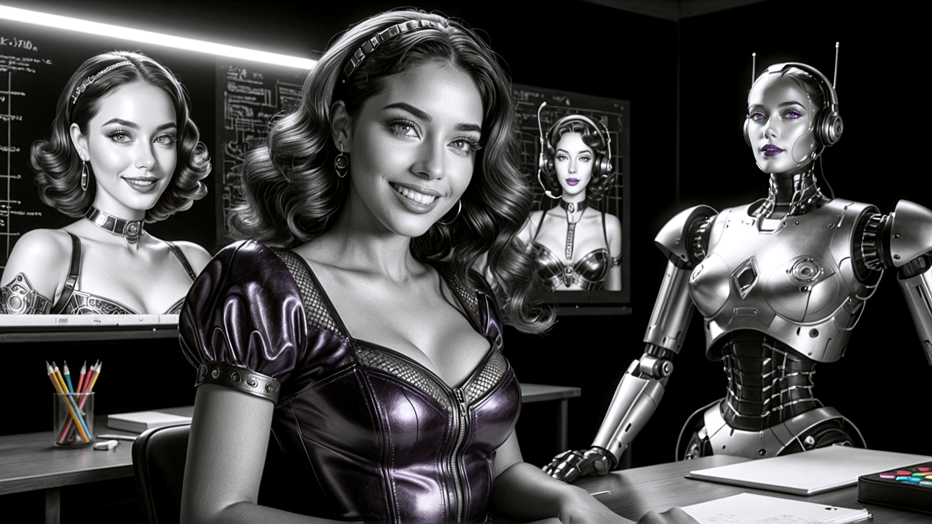 AI generated wallpaper featuring woman, robot, desk, chalkboard, pencil, headphones, monitor, choker, headband, dress