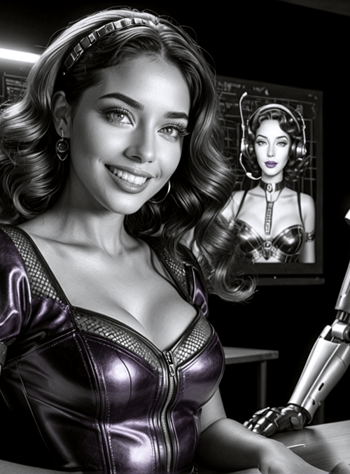 woman, robot, desk, chalkboard, pencil, headphones, monitor, choker, headband, dress