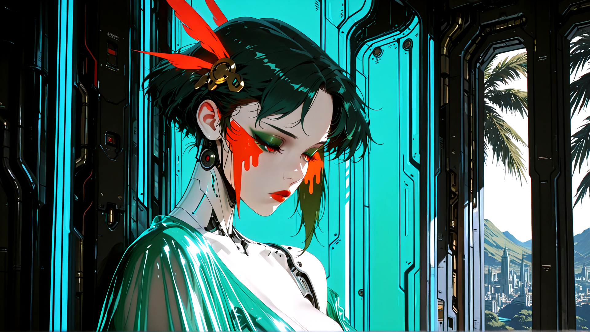 AI generated wallpaper featuring cyborg, woman, feathers, gears, cityscape, palm trees