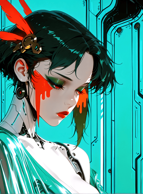 cyborg, woman, feathers, gears, cityscape, palm trees