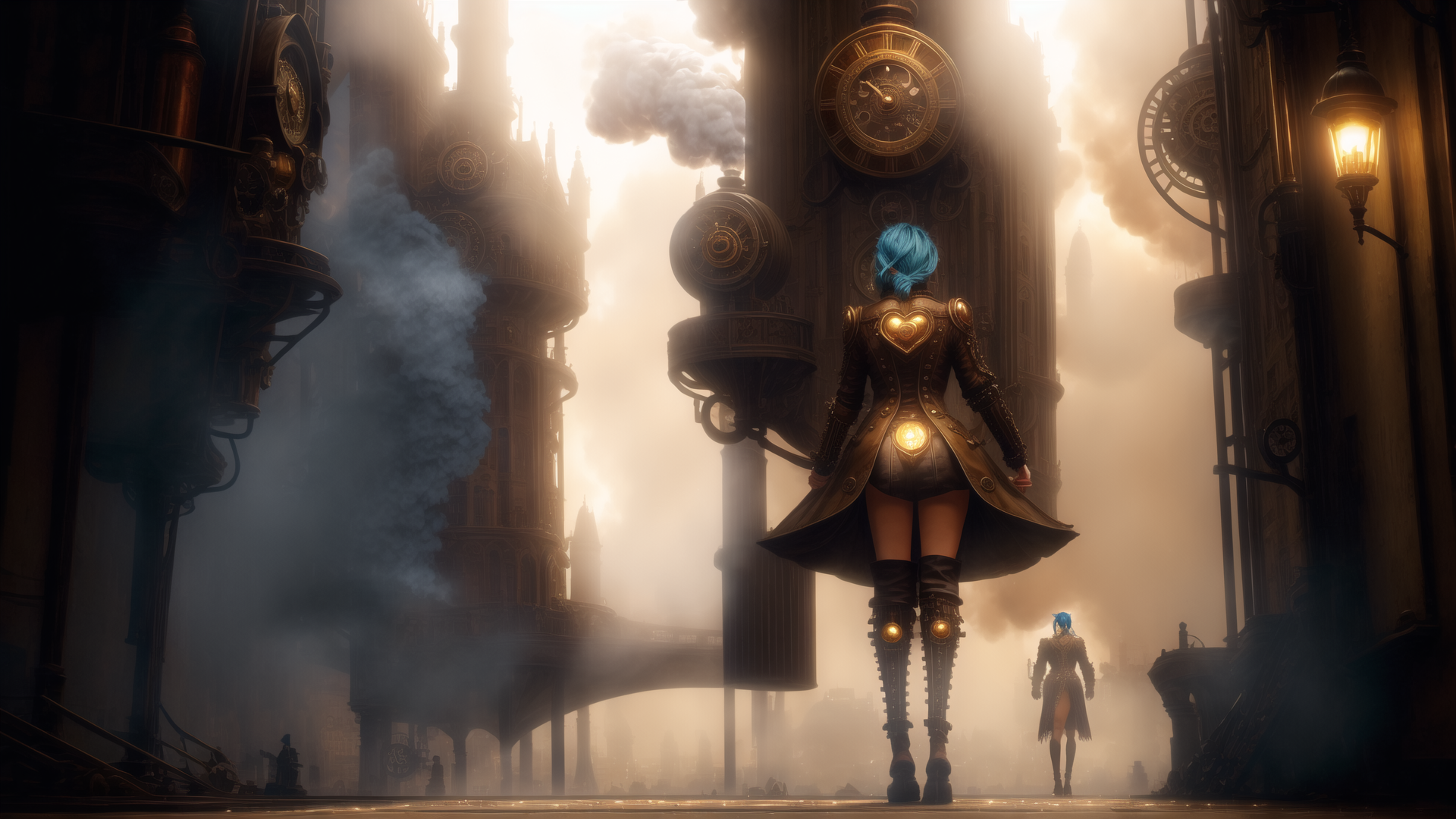AI generated wallpaper featuring woman, clock tower, steampunk city